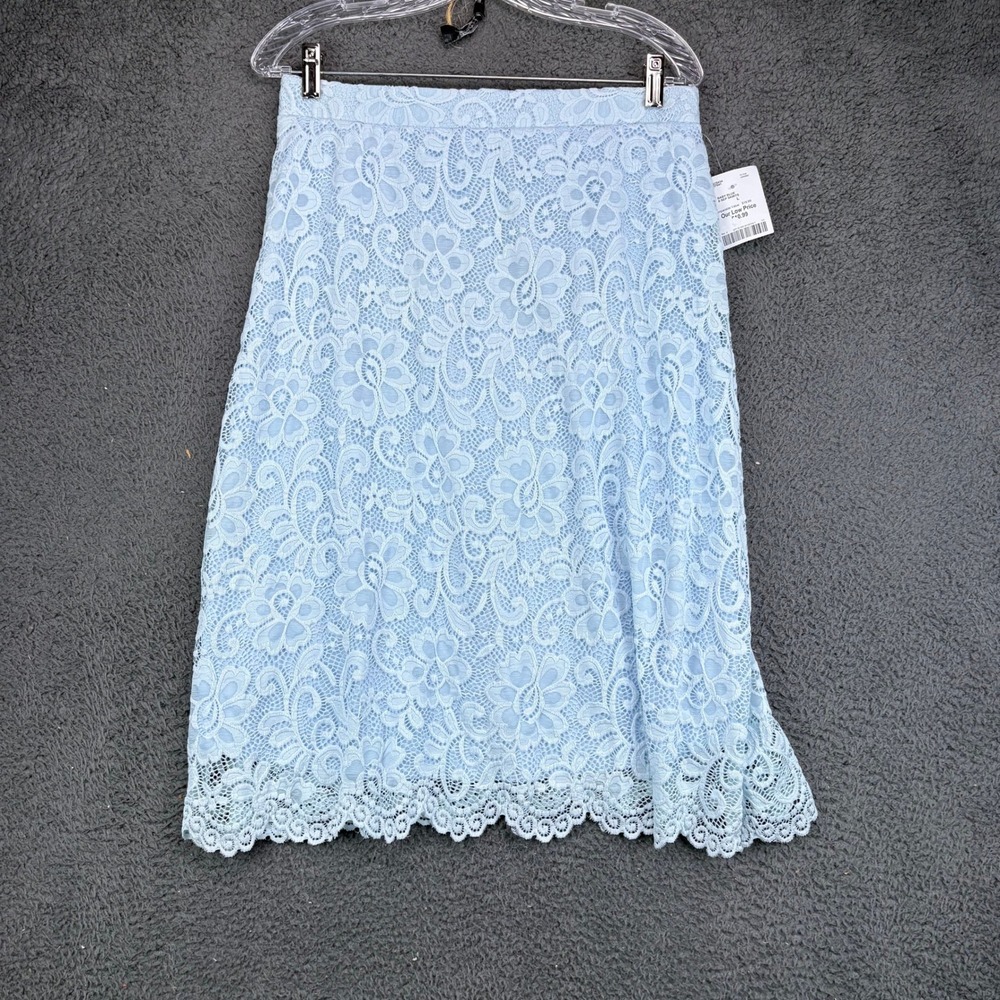 Olivia Blu Baby Blue Floral Lace Midi Skirt NWT Size Large 67641 Scalloped Hem